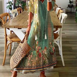 Floral Half Sleeve Tassel V Neck Casual Dress, Maxi, color:Green|size:XXL, Noracora