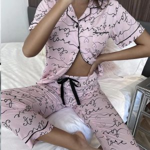 Loose Casual Text Letters Two-Piece Set, Sets, color:Pink|size:XL, Noracora