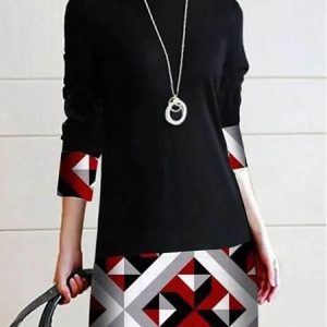 Jersey Crew Neck Casual Dress, Short, color:Black|size:XXL, Noracora