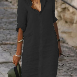 Cotton And Linen Loose Linen Plain Dress, Short, color:Black|size:XXL, catalog Noracora shop
