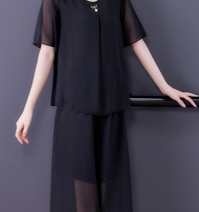 Plain Chiffon Casual Two-Piece Set, Sets, color:Black|size:5XL, Noracora