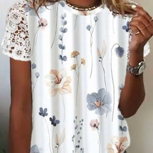 Crew Neck Lace Casual Floral Shirt, Blouses, color:White|size:3XL, Noracora