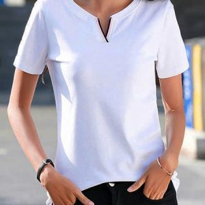 Short Sleeve Casual Notched Plain Shirt, Blouses, color:White|size:3XL, Noracora