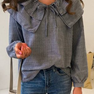 Striped Lace-Up Long Sleeve Casual Shirt, Blouses, color:Black|size:4XL, Noracora
