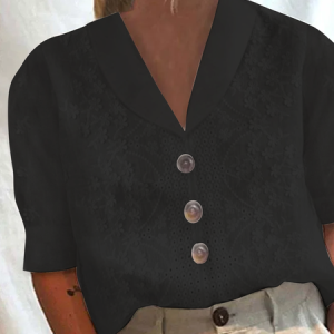 Women's Cotton Linen Lace Lapel Button Down Short Sleeve Shirt, Blouses, color:Black|size:XXL, Noracora