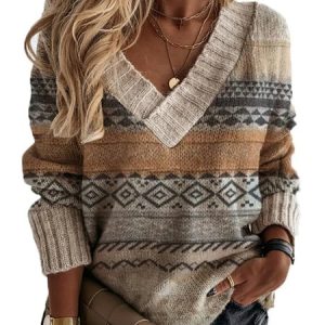 V Neck Boho Ethnic Loose Sweater, Sweaters, color:As Picture|size:XXL, Noracora