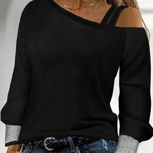 Loose Plain Casual Long sleeve Cold Shoulder T-Shirt, Blouses, color:Black|size:XXL, Noracora