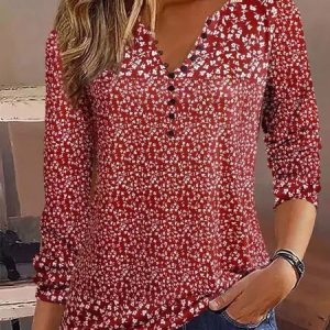 Casual Floral Printed Buckle Blouses, Blouses, color:Red|size:XXL, Noracora