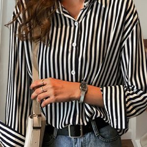 Striped Long Sleeve Casual Buckle Blouse, Shirts, color:Blue|size:4XL, Noracora