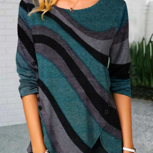 Cotton-Blend Crew Neck Casual Long Sleeve Tunic Top, Blouses, color:Multicolor|size:3XL, Noracora
