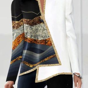 Abstract Long Sleeve Sequins Notched Casual Tunic Top, Blouses, color:Multicolor|size:XXL, Noracora