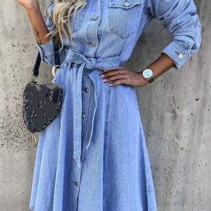 Plain Casual Denim Dress With No, Midi, color:Blue|size:XXL, Noracora