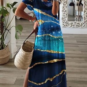 Casual Regular Fit Abstract Dress, Maxi, color:Multicolor|size:XXL, Noracora