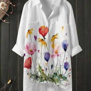 Plus Size Shirt Collar Linen Loose Blouse, TOPS, color:White|size:4X, Noracora