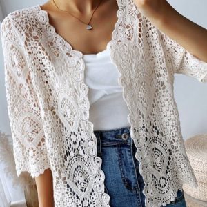 Loose Lace Casual Plain Kimono, Kimono, color:Apricot|size:One-size, Noracora