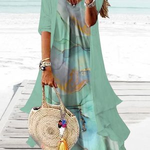 Rainbow gradient marble loose resort beach Chiffon two-piece dress set long, Sets, color:Cyan|size:XXL, Noracora