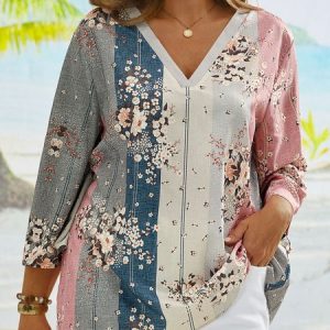 Plus Size Boho Loose V Neck Shirt, TOPS, color:Multicolor|size:4X, Noracora