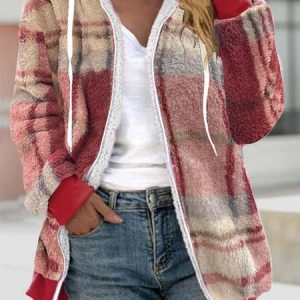 Christmas Plaid Teddy Jacket, Jackets, color:Red|size:XXL, Noracora