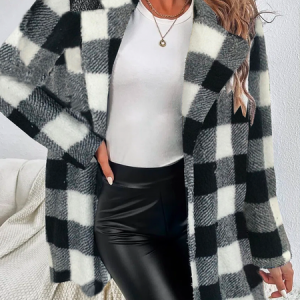 Lapel Collar Casual Plaid Teddy Jacket, Coats, color:Black-white|size:XXL, Noracora