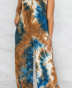 Crew Neck Regular Fit Casual Tie Dye Romper & Jumpsuit, JUMPSUIT&ROMPER, color:Coffee|size:4X, Noracora