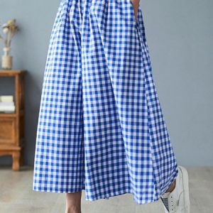 Plaid Pockets Casual Wide Leg Pants, Pants, color:Blue|size:5XL, Noracora