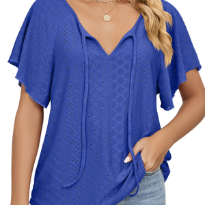 Casual Notched Plain Loose Shirt, Blouses, color:Blue|size:XXL, Noracora