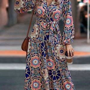 Floral Vacation Regular Fit V Neck Dress, Maxi, color:flower|size:L, Noracora