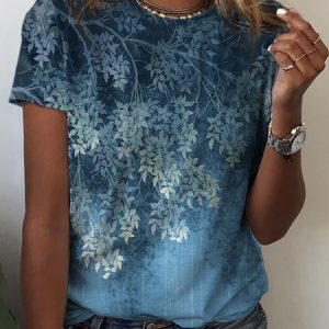Loose Crew Neck Leaf Casual T-Shirt, T-shirts, color:Deep Blue|size:XXL, Noracora