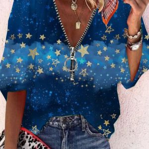 Shift 3/4 Sleeve Casual Tops, Tops, color:Blue|size:3XL, Noracora