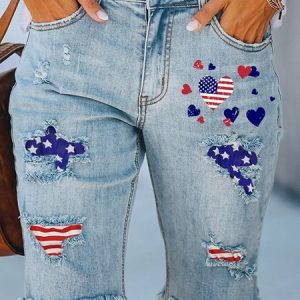 Casual Denim America Flag Regular Fit Denim Shorts, Denim Shorts, color:Blue|size:3XL, Noracora