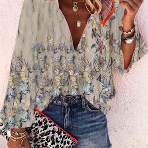 Casual Floral-Print V neck Blouse, Shirts, color:Khaki|size:3XL, Noracora