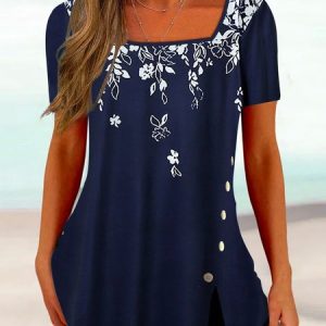 Floral Square Neck Loose Boho Top, Blouses, color:Blue|size:XXL, Noracora