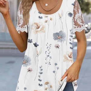 Plain Crew Neck Lace Casual Shirt, Blouses, color:White|size:XXL, Noracora
