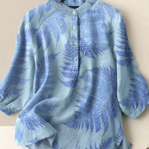 Leaf Casual Notched Shirt, Blouses, color:Blue|size:5XL, Noracora