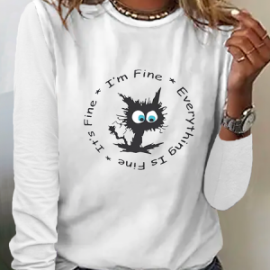 Casual Cat Printed Crew Neck T-Shirt, T-shirts, color:White|size:XXL, Noracora