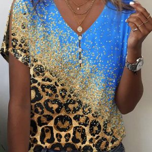 Ombre Jersey V Neck Casual Blouse, Blouses, color:Blue|size:XXL, Noracora