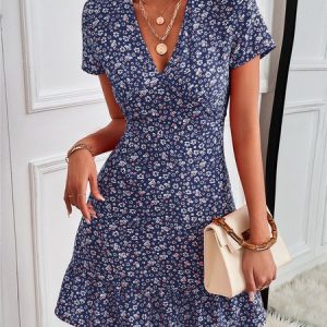 Vacation V Neck Floral Loose Dress, Short, color:Blue|size:XXL, Noracora