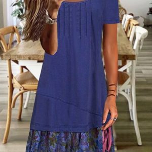 Floral Printed Casual Split Joint Loose Dress, Short, color:Navy Blue|size:XXL, Noracora