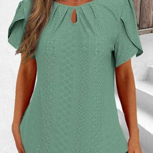 Plain Loose Notched Casual Petal Sleeve Blouse, Blouses, color:Green|size:XXL, catalog Noracora shop