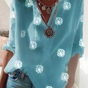 Plus Size Vintage V Neck Dandelion Printed Casual Top, Clothing, color:Blue|size:4X, Noracora