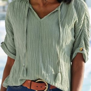 Solid Casual V Neck Short Sleeve Top, Blouses, color:Lightgreen|size:XXL, Noracora