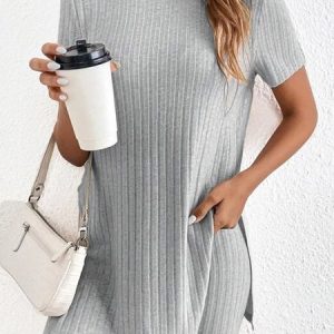 Short Sleeve Crew Neck Loose Top And Short Two-Piece Set, Sets, color:Gray|size:XXL, Noracora