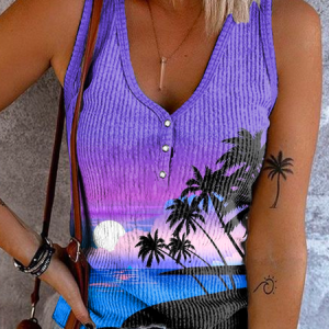 Vacation Printed Tank & Cami, Tanks & Camis, color:Purple|size:XXL, Noracora