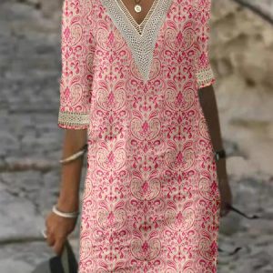 Ethnic Hollow Out Lace V Neck Half Sleeve Casual Dress, Midi, color:Dark Pink|size:XXL, Noracora