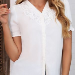 Regular Fit Urban Lace V Neck Blouse, Shirts, color:White|size:L, Noracora