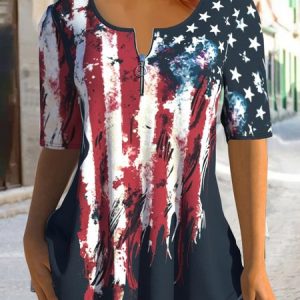 Women's Short Sleeve Blouse Summer America Flag Zipper Jersey Crew Neck Daily Going Out Casual Top, JustFashionNow Shirts, color:Multicolor|size:XXL,