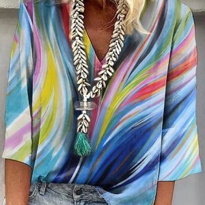 Casual V Neck Abstract Graphic Shirt, Blouses, color:Blue|size:3XL, Noracora