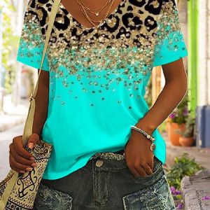Jersey Leopard Casual V Neck T-Shirt, T-shirts, color:mint|size:XXL, Noracora