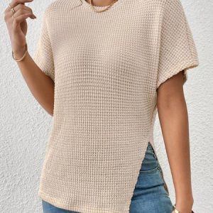 Casual Plain Loose Crew Neck Shirt, Blouses, color:Khaki|size:XXL, Noracora