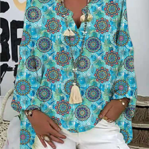 V Neck Printed Long Sleeve Casual Tops, Blouses, color:Blue|size:3XL, Noracora